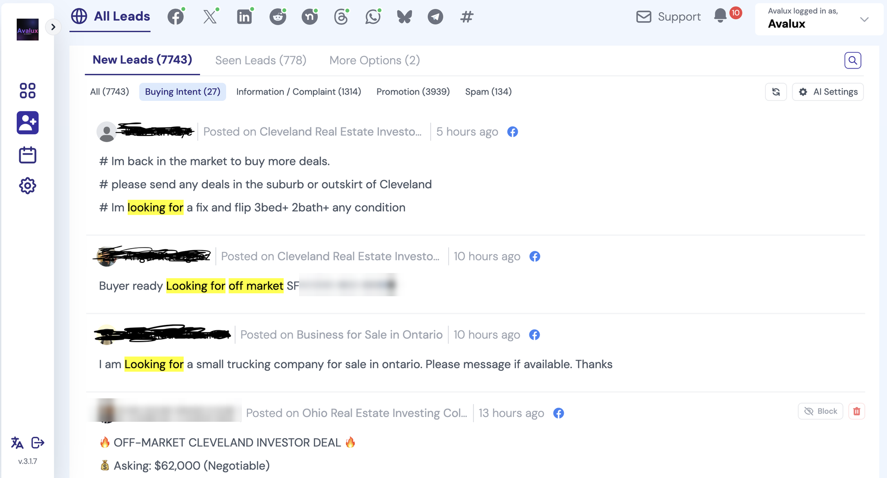 Avalux AI Social Leads dashboard: 27 real buyer-intent posts filtered from 7,743 scanned across Facebook, Reddit, LinkedIn, Nextdoor and more